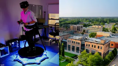 Split banner of a UX lab VR research demo alongside an aerial view of Wilfrid Laurier University's Brantford campus