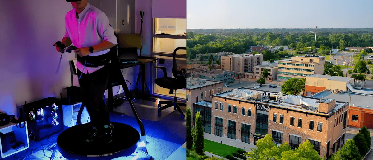 Split banner of a UX lab VR research demo alongside an aerial view of Wilfrid Laurier University's Brantford campus