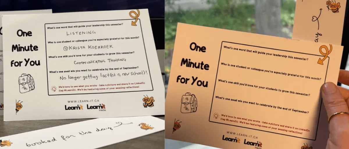 One Minute for You educator reflection postcard from LearnIt Solutions