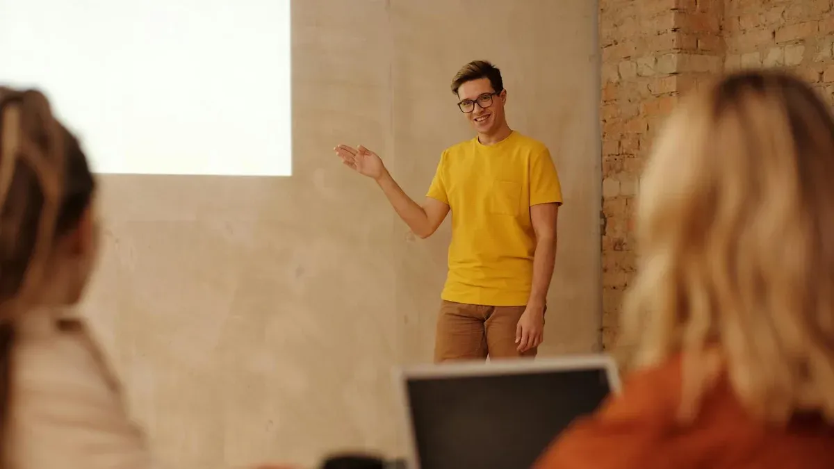 Young business professional delivering a presentation in a workshop studio setting
